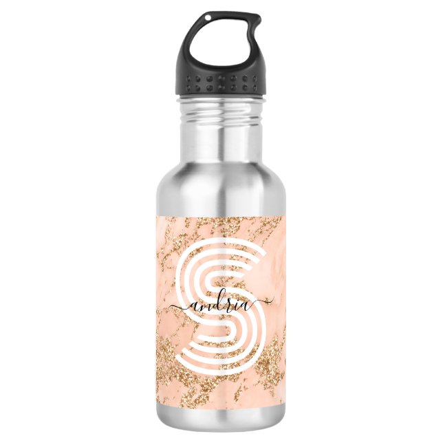 Rose Gold Glitter Marble, Script Name Wht Monogram Stainless Steel Water Bottle (Front)