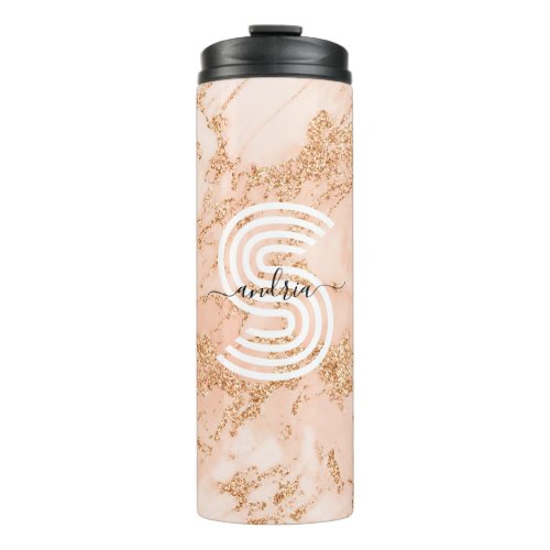 Rose Gold Glitter Marble Script Name Wht Monogram Thermal Tumbler