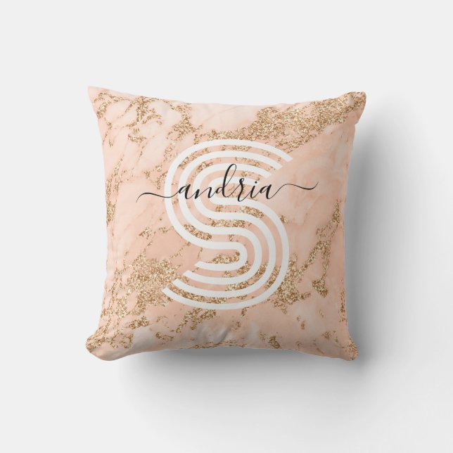 Rose Gold Glitter Marble, Script Name Wht Monogram Throw Pillow (Front)