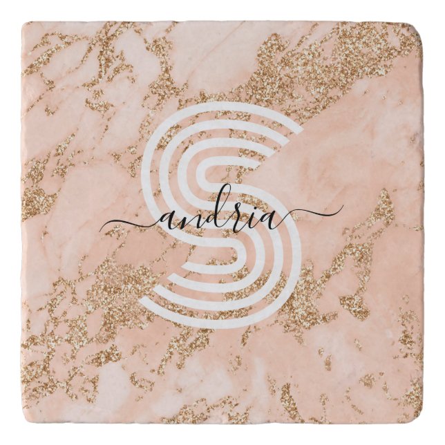 Rose Gold Glitter Marble, Script Name Wht Monogram Trivet (Front)