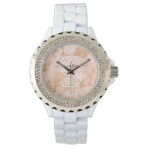 Rose Gold Glitter Marble Script Name Wht Monogram Watch