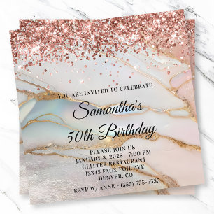 Rose Gold Glitter Marbled Opal 50th Birthday Invitation