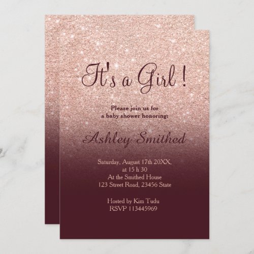 Rose gold glitter marsala ombre girl baby shower invitation