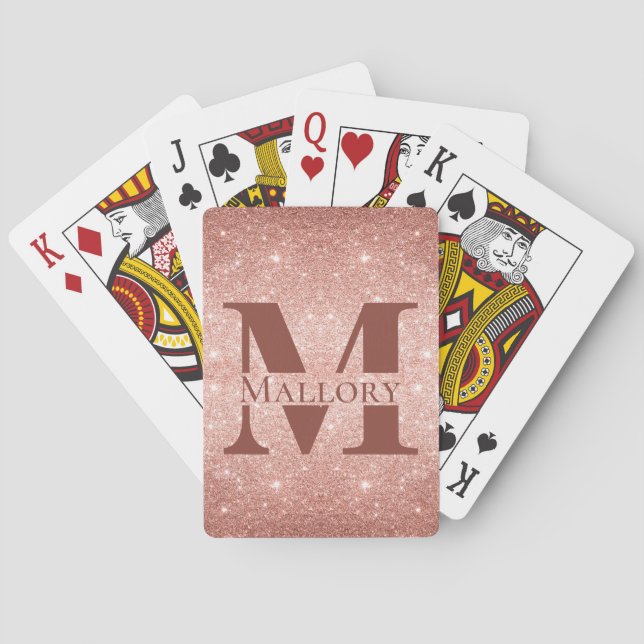 Rose Gold Glitter + Mauve Monogram Custom Name Poker Cards (Back)