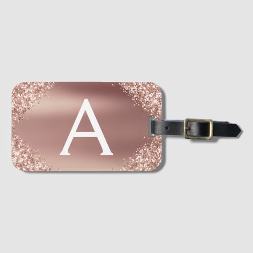 Rose Gold Glitter Metal Monogram Name and Initial Luggage Tag