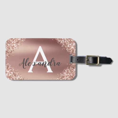 Rose Gold Glitter Metal Monogram Name and Initial Luggage Tag