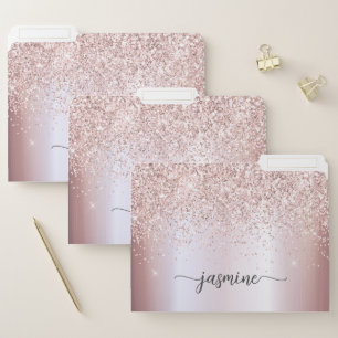 Rose Gold Glitter Metal Monogram Name Script File Folder