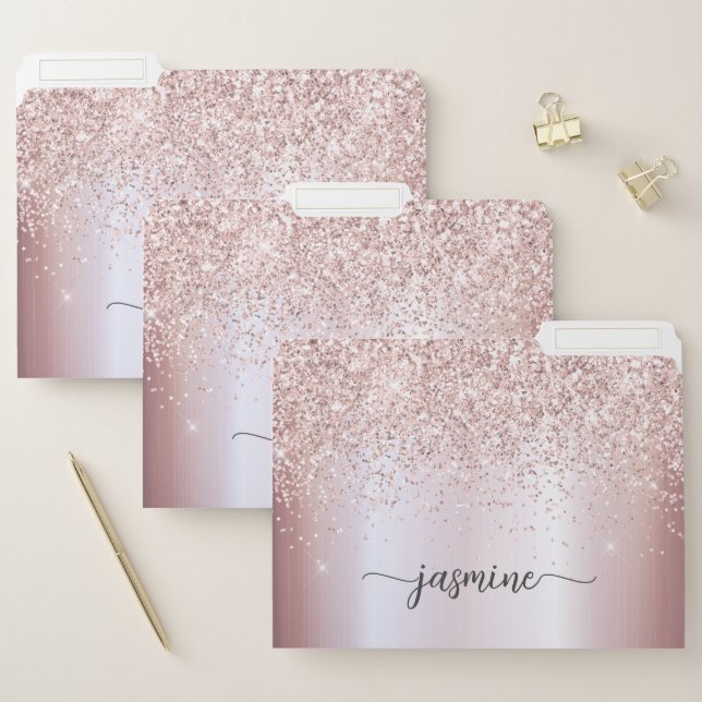Rose Gold Glitter Metal Monogram Name Script File Folder (Set)