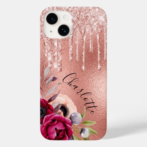 Rose gold glitter metallic burgundy florals pink Case_Mate iPhone 14 case
