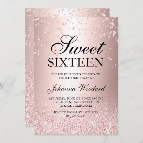 rose gold glitter metallic confetti Sweet 16 Invitation