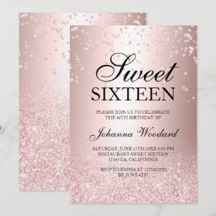 rose gold glitter metallic confetti Sweet 16 Invitation