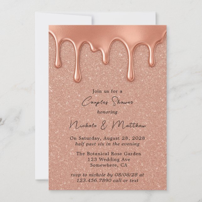 Rose Gold Glitter & Metallic Drips Couples Shower Invitation (Front)