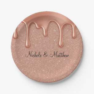 Rose Gold Glitter & Metallic Drips Wedding Paper Plates