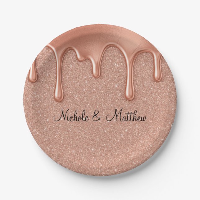 Rose Gold Glitter & Metallic Drips Wedding Paper Plates (Front)