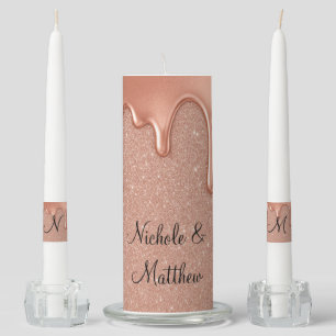 Rose Gold Glitter & Metallic Drips Wedding Unity Candle Set