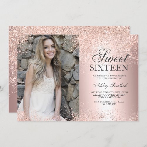 rose gold glitter metallic foil photo Sweet 16 Invitation