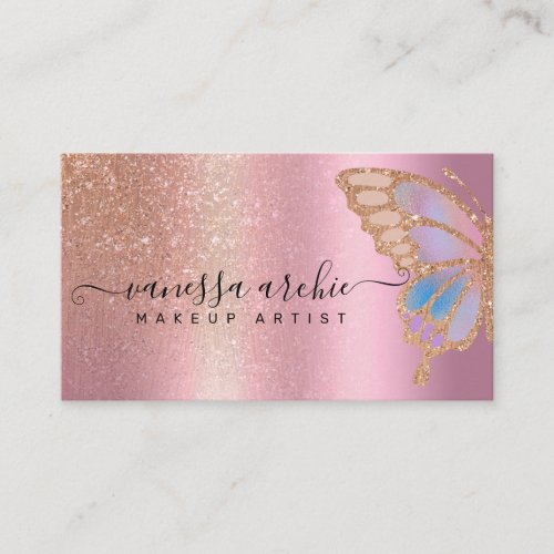 Rose Gold Glitter Metallic Foil Rainbow Butterfly Business Card