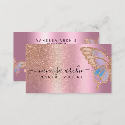 Rose Gold Glitter Metallic Foil Rainbow Butterfly  Business Card