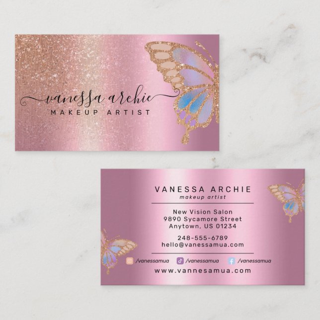 Rose Gold Glitter Metallic Foil Rainbow Butterfly  Business Card (Front/Back)