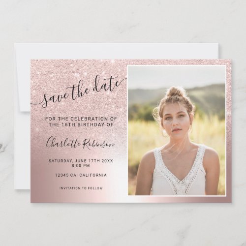 Rose gold glitter metallic ombre 3 photos Sweet 16 Save The Date