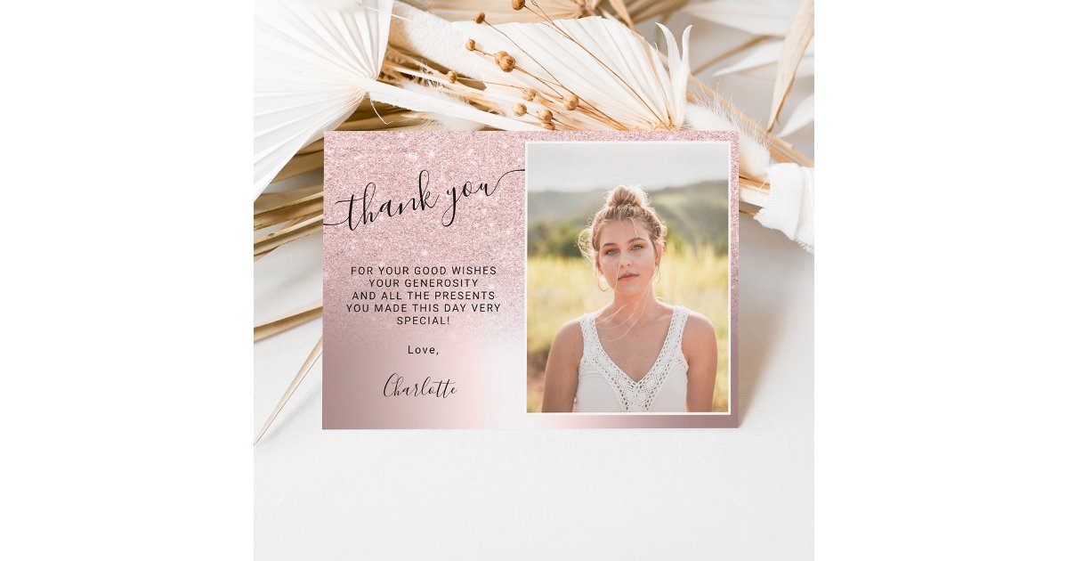 Rose gold glitter metallic ombre 3 photos Sweet 16 Thank You Card | Zazzle
