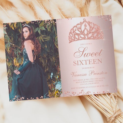 Rose gold glitter metallic photo tiara Sweet 16 Invitation