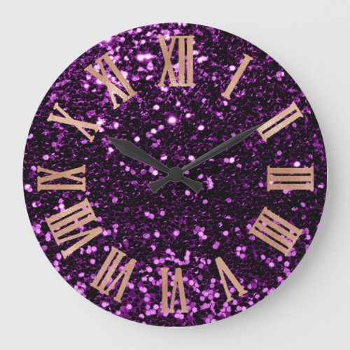 Rose Gold Glitter Metallic Roman Numbers Violet Large Clock