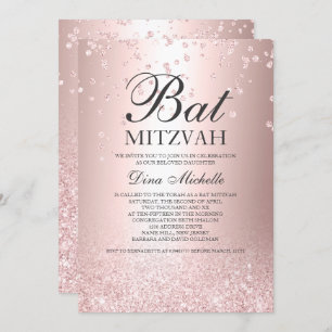 rose gold glitter metallic sparkle Bat Mitzvah Invitation