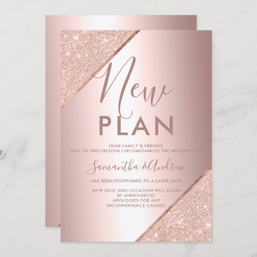 Rose gold glitter metallic wedding new plan invitation