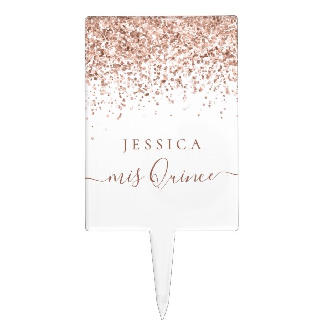 Rose Gold Glitter Mis Quince Quinceañera Party Cake Topper (Front)