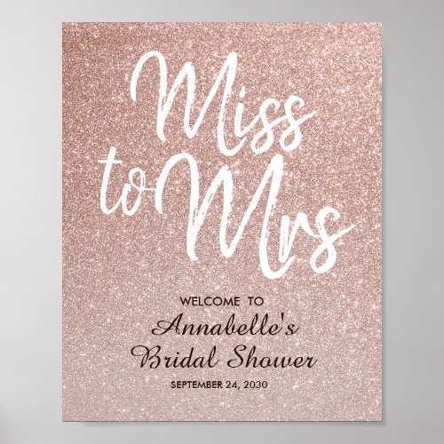 Rose Gold Glitter Miss Mrs Bridal Shower Welcome Poster