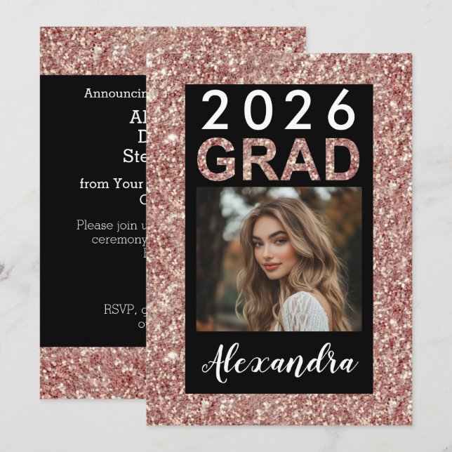 Rose Gold Glitter Modern 2026 Photo Graduation Invitation (Front/Back)