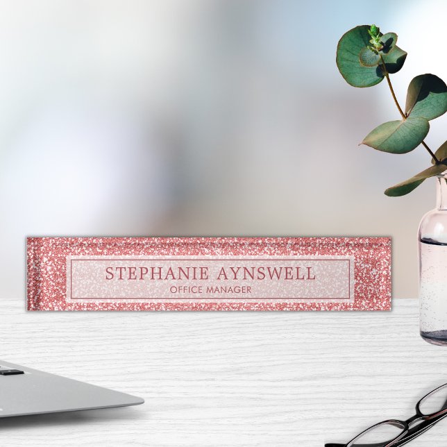 Rose Gold Glitter Modern Chic Desk Name Plate (Creator Uploaded)