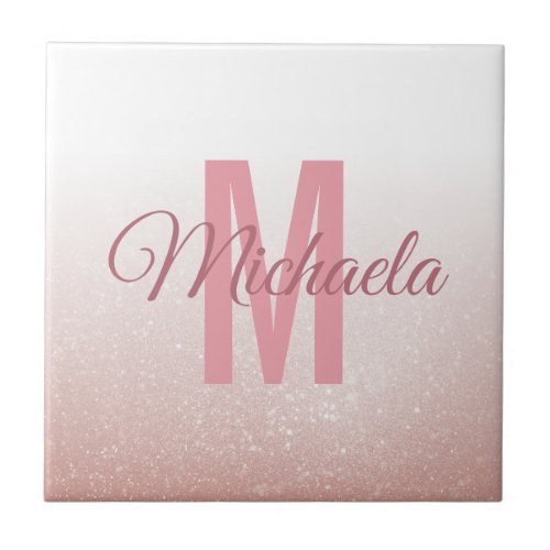 Rose Gold Glitter Modern Monogram Initial Name Ceramic Tile