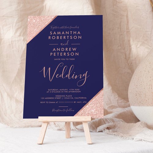 Rose gold glitter modern script navy blue wedding invitation