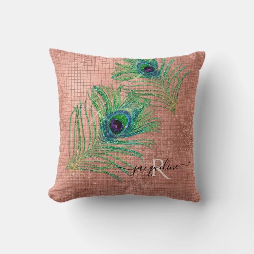 Rose Gold Glitter Modern Sparkle Peacock Feathers Throw Pillow