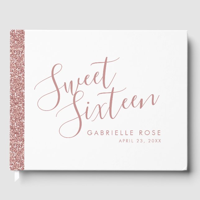 Rose Gold Glitter Modern Sweet 16 Guest Book (Front)