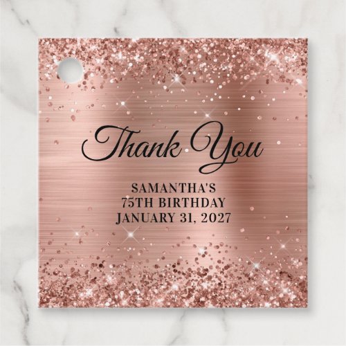 Rose Gold Glitter Monogram 75th Birthday Thank You Favor Tags