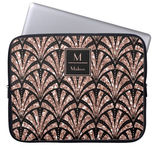 Rose Gold Glitter Monogram Art Deco Pattern Laptop Sleeve