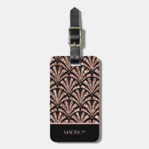 Rose Gold Glitter Monogram Art Deco Pattern Luggage Tag