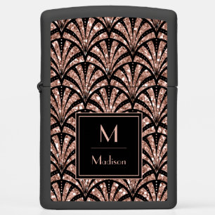 Rose Gold Glitter Monogram Art Deco Pattern  Zippo Lighter