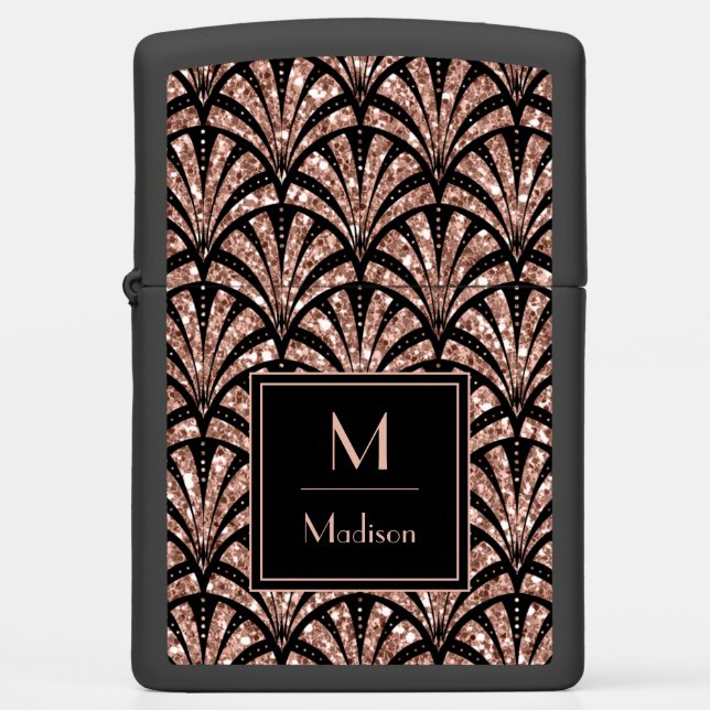 Rose Gold Glitter Monogram Art Deco Pattern  Zippo Lighter (Front)