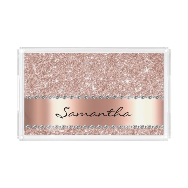 Rose Gold Glitter Monogram Bling Diamond Acrylic Tray (Front)