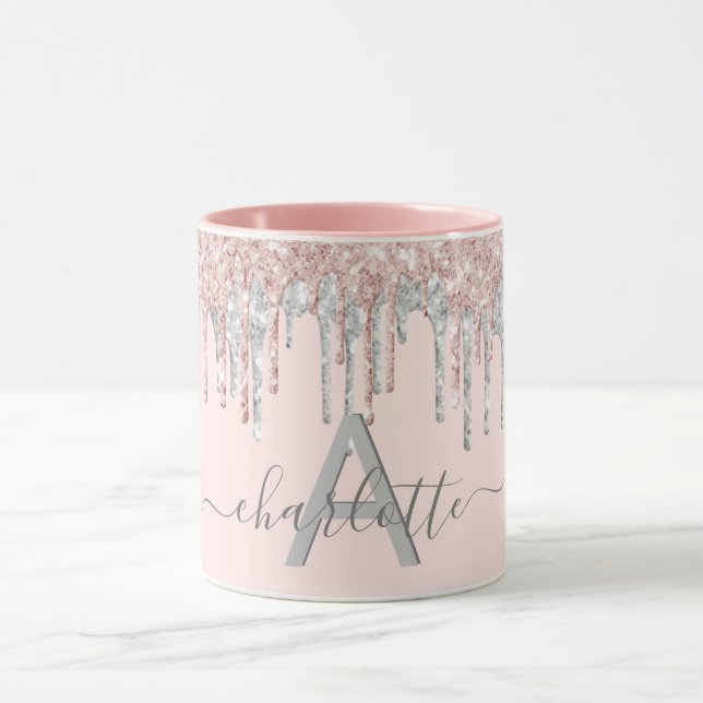 Rose gold glitter monogram blush pink silver gray mug (Center)