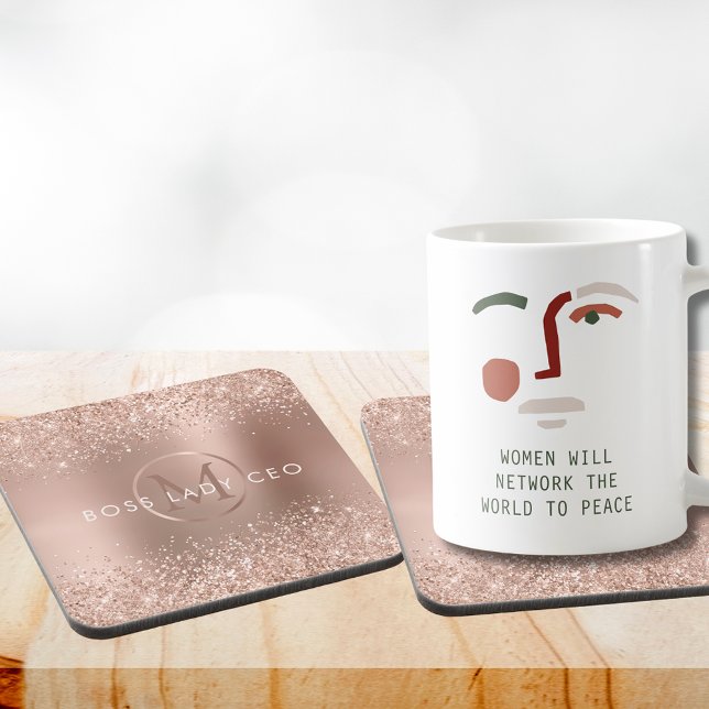 Rose Gold Glitter Monogram Boss Lady CEO Beverage Coaster (Rose Gold Glitter Monogram Boss Lady CEO Beverage Coaster-2)