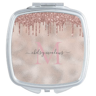 Rose Gold Glitter Monogram Calligraphy Script Name Compact Mirror