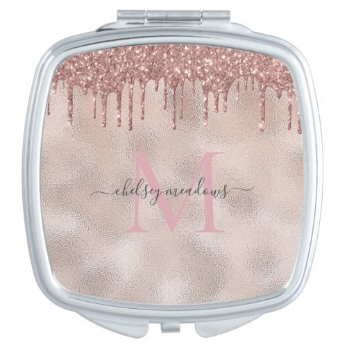 Rose Gold Glitter Monogram Calligraphy Script Name Compact Mirror