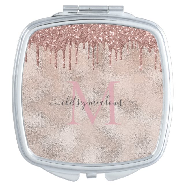Rose Gold Glitter Monogram Calligraphy Script Name Compact Mirror (Front)