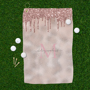 Rose Gold Glitter Diamonds on Black Monogram Golf Towel, Zazzle