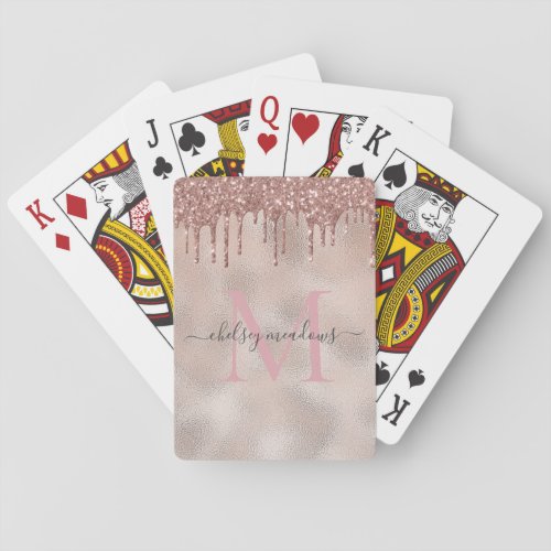 Rose Gold Glitter Monogram Calligraphy Script Name Poker Cards